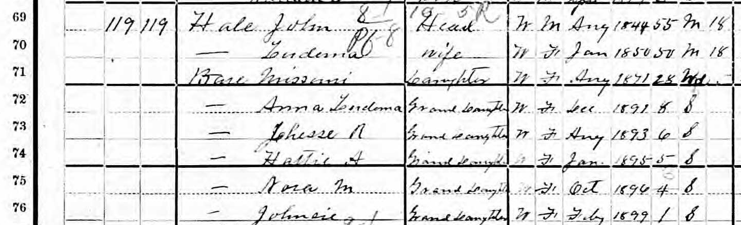 1900 Census with Hattie Almedia Bare: In 1900, a five-year-old Hattie Almedia Bare was living with her grandmother Ludema "Demie" (Hasley) Hale and Demie's husband John Hale, her mother, Kansas Missouri "Ori" (Halsey) Bare, and four sisters, aged eight to one.